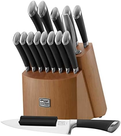 Chicago Cutlery Fusion 17 Piece Kitchen Knife Set with Wooden Storage Block, Cushion-Grip Handles with Stainless Steel Blades that Resists Stains, Rust, and Pitting