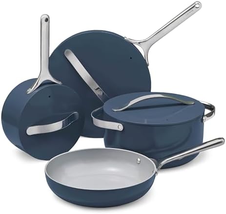 Caraway Nonstick Ceramic Cookware Set (12 Piece) Pots, Pans, Lids and Kitchen Storage - Non Toxic - Oven Safe & Compatible with All Stovetops - Navy