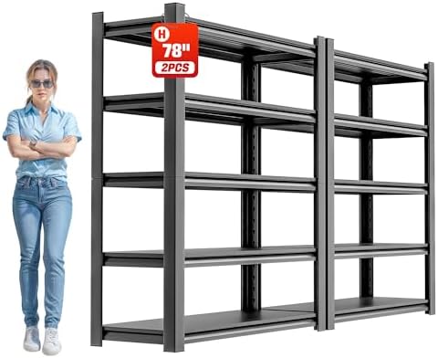 Garage Shelving Heavy Duty, 5 Tier Metal Storage Shelf Unit for Industrial and Utility Use - Durable Metal Shelf Organizer, Garage Storage Shelf 18" D x48 W x78 H(2 Pieces)