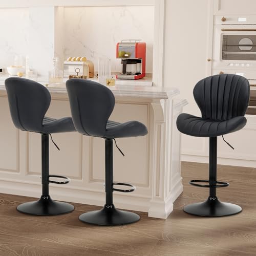 COLAMY Bar Stools Set of 3, Modern Swivel Bar Chairs, Adjustable Faux Leather Upholstered Barstools Counter Height with High Backrest for Bar, Kitchen Island, Dining Room, Black