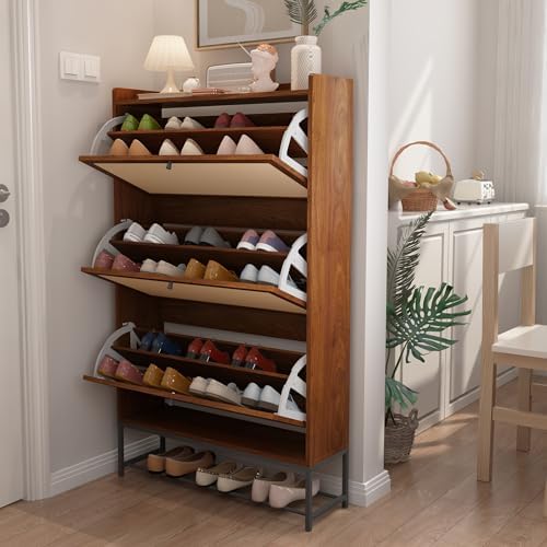AVZEAR Narrow Shoe Storage Cabinet with 3 Flip Drawers, Freestanding Wooden Closed Shoe Rack, Slim Cabinet Storage for Entryway, Hallway, Living Room (Walnut)
