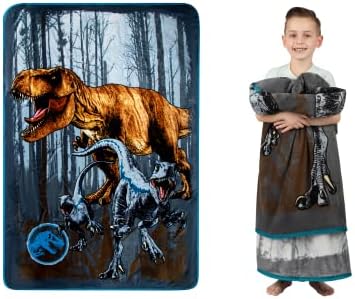 Jurassic World Dominion Blue Velociraptor and Rexy T-Rex Super Soft Plush Micro Raschel Blanket, 62 Inches x 90 Inches, Bedding by Franco Kids
