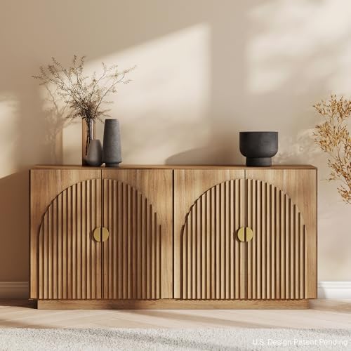 BELLEZE 65 Inch Fluted Buffet Cabinet with Storage, Symmetrical Arc Accent Sideboard Large Console Table for Dining Room, Kitchen, and Living Room (Caramel Brown)