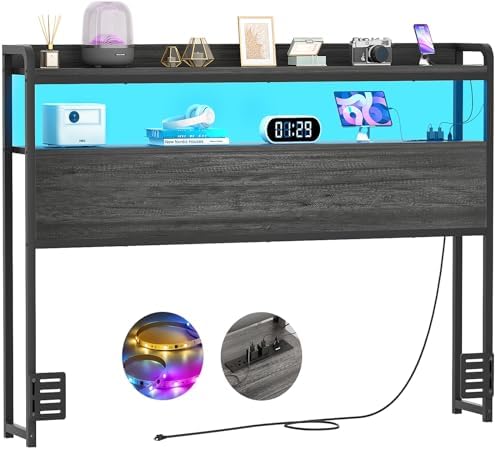 Aheaplus Headboard for Full Size Bed Frame, Headboards with Outlets, USB Ports and LED Light, Head Board with Storage, Height Adjustable, Sturdy and Stable Headboard, Full Size, Black Oak