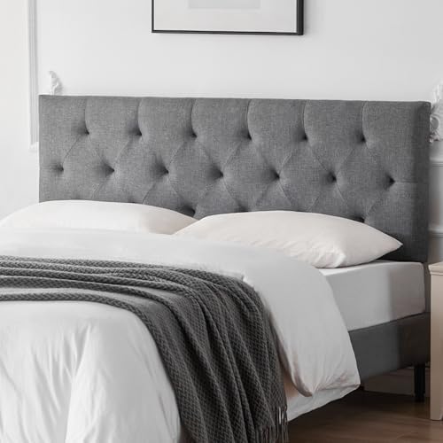 Linen Upholstered Headboard King Size, Modern Diamond Tufting Solid Wood Cali King Headboard Only, Adjustable Height from 37” to 51” Head Board, Bed Frame or Wall Mount Headboards, Light Grey