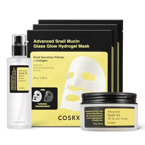 COSRX Snail Mucin Korean Skin Care Night Routine Set - Snail Mucin 96% Essence + Snail Mucin 92% Moisturizer + Snail Mucin Glass Glow Hydrogel Face Masks