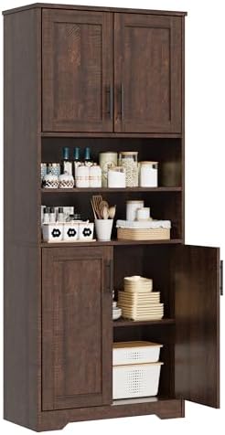 IDEALHOUSE Tall Bathroom Cabinet, 67" Bathroom Storage Cabinet with 4 Doors and Adjustable Shelves, Freestanding Cupboard Modern Storage Cabinet for Kitchen, Pantry, Living Room, Reddish Brown