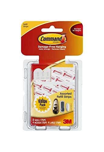 3M Command 17200CL Assorted Mounting Refill Strips, 8 Small 4 Medium 4 Large Strips, 3-PACK