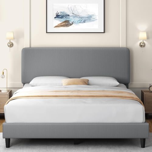 Yaheetech Queen Bed Frames with Adjustable Headboard, Chenille Fabric Upholstered Headboard/Platform Bed, Queen Size Bed Frame No Box Spring Needed/Wood Slats Support/Easy Assembly/Light Grey
