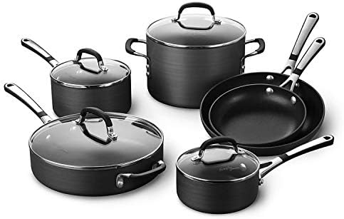 Calphalon 10-Piece Non-Stick Kitchen Cookware Set Black Pots & Pans with Stay-Cool Stainless Steel Handles Hard-Anodized Aluminum for Even Heating