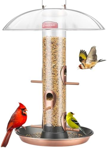 Kingsyard Metal Bird Feeders for Outdoors Hanging, Wild Bird Feeder for Finch Cardinal, Large Seeds Tray & Rainproof Dome (Antique Copper)