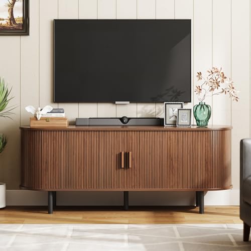 ONBRILL 55" TV Stand with Power Outlet for TVs up to 60 Inch, Entertainment Center with Storage and Adjustable Shelves, Modern Media Console with Sliding Doors for Living Room, Walnut