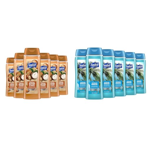 Suave Body Wash Bundle - Cocoa Butter & Shea and Ocean Breeze Scents, 18 Oz Packs of 6