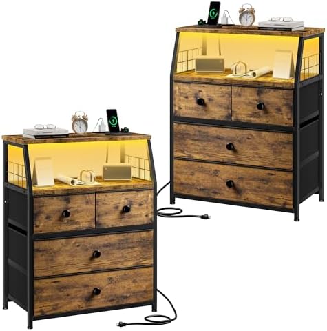 EnHomee Nightstand Set of 2, Night Stand with Charging Station & LED Lights, Bedside Table with 4 Fabric Drawers for Bedroom, Side Table with Outlets and 2 Ports, Rustic Brown