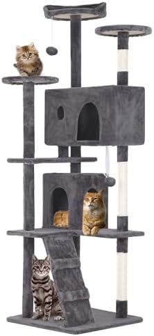 FDW Cat Tree 70in Cat Tower Multi-Level Durable Cat Scratching Post & Cozy Fun Cat Jumping Platform Space Saving Cat Condo Pet Play House for Indoor Cats,Light Gray