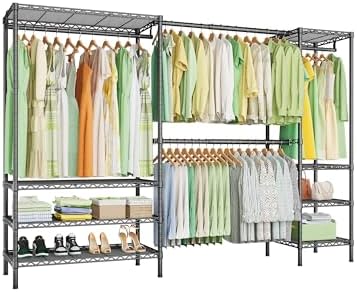 Ulif E11 Heavy-Duty Garment Rack, Metal Freestanding Clothes Rack and Closet Storage Organizer System with 8 Shelves and 4 Hanger Rods, (73.2 - 97.6)"W x 14.5"D x 71.2"H, Load 1034 LBS, Black