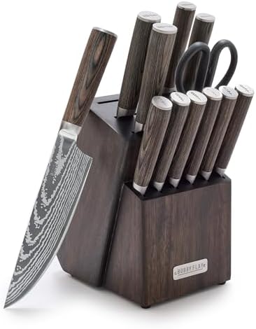 GreenPan x Bobby Flay 13 Piece Stainless Steel Cutlery Kitchen Knife Block Set, Premium Stainless Steel Blades, Acacia Wood Knife Block, Hand Finished Ergonomic Wood Handle, Damascus Steel Design
