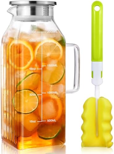 Aofmee 68oz Glass Pitcher for Bridge Door, 2 Liter Square Water Pitcher with Lid and Scale Line, Heat Resistant Tea Pitchers, Leak Proof Juice Jug, Borosilicate Glass Carafe for Hot/Cold Beverage