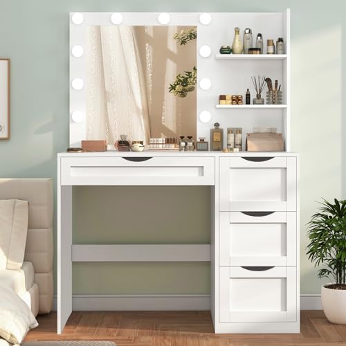 usikey Vanity Desk with Mirror and 10 LED Lights, Makeup Vanity Table Set with 4 Drawers, Make Desk Dressing Table with 2 Storage Shelves, Vanity Set 3 Lighting Modes for Bedroom, White