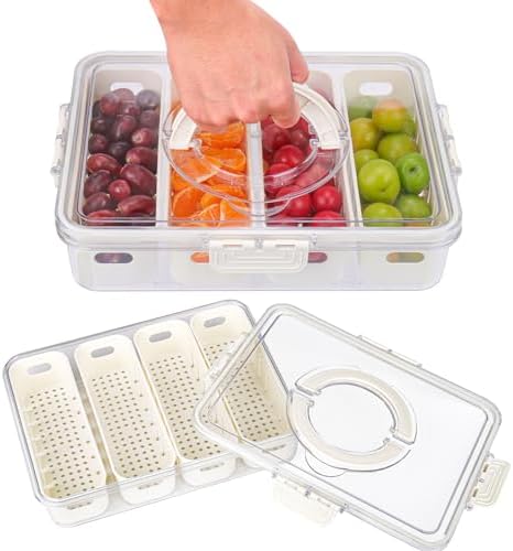 AIERSA Snackle Box Container,Divided Serving Tray with Lid,4 Compartment Travel Snack Container,Fruit Veggie Tray with Lid for Fridge Fresh Keeping,Portable Snack Tray for Picnic,Party,Travel