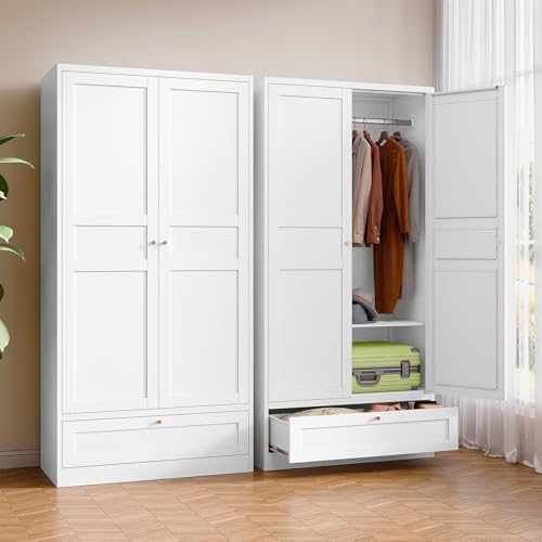 Metal Armoire Wardrobe Closet with 2 Doors 72'' Wardrobe Cabinet with Drawers and Hanging Rail Metal Closet with Adjustable Shelves for Bedroom. (White, with 1drawer)