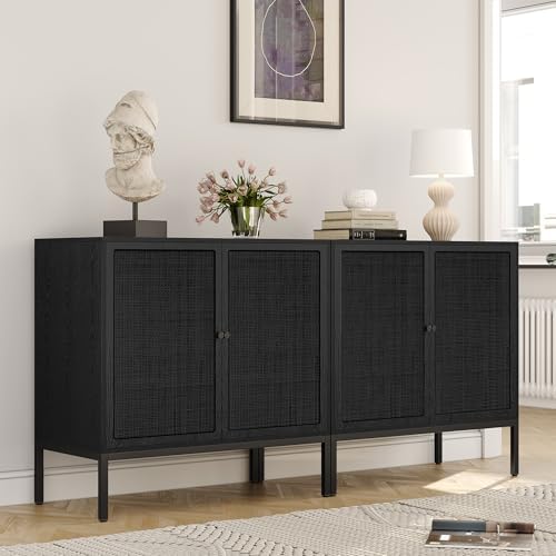 Yechen Set of 2 Full Black Rattan Cabinet, Farmhouse Sideboard Cabinet with Natural Rattan Decorated Doors, Accent Cane Credenza Buffet Console Storage, for Living Room Entryway Kitchen, Metal Legs