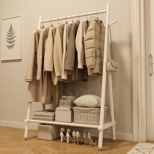 Solid Wood Clothes Rack, Clothing Rack for Hanging Clothes, Hanging Racks for Clothes with Shelves Load 350 Lbs Garment Rack (White)