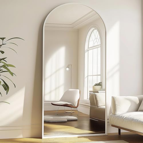 TinyTimes Full Length Mirror, 71"x30" Oversized Floor Length Mirror with Stand, White Arched Wall Mirrors with Aluminum Frame, Large Full Body Mirrors for Bedroom Living Room