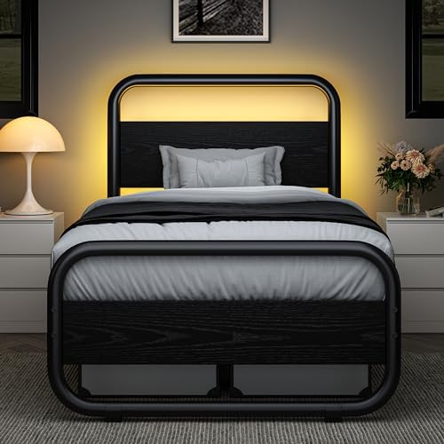 Catrimown Twin Bed Frame with LED Lights, Heavy Duty Metal Rustic Twin Platform Bed Frame with Wood Headboard, Under Bed Storage, Noise Free, No Box Spring Needed, Black