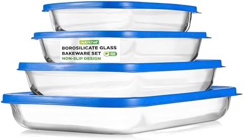 NutriChef 8-Piece Glass Baking Dish Set with Lids – Stackable Rectangular Bakeware for Lasagna, Casserole, Meatloaf, Leftovers & Storages– Oven, Freezer & Dishwasher Safe, BPA Free lid (Blue)