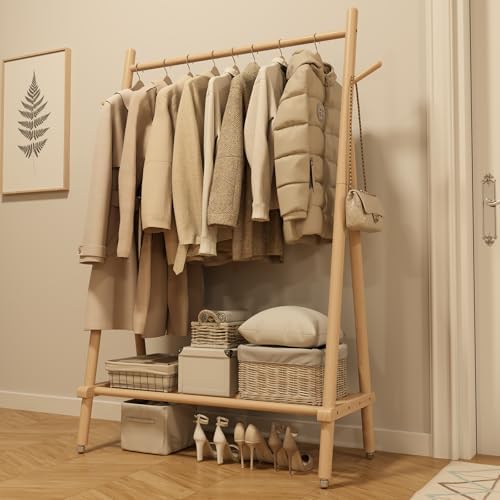 Solid Wood Clothing Rack, Rolling Clothes Rack for Hanging Clothes, Garment Rack with Shelves Load 350 Lbs, Portable Closet Organizer on Wheels for Hanging Clothes (Natural)
