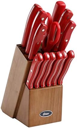 Oster Evansville 14 Piece Stainless Steel Cutlery Block Set, Red Handles