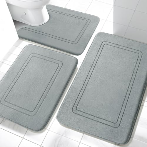 YIHOUSE Memory Foam Bath Mat Set, Non Slip Bath Mats for Bathroom, Super Soft and Water Absorbent Bath Rug Set, Machine Washable U Shape Toilet Mats, Light Grey