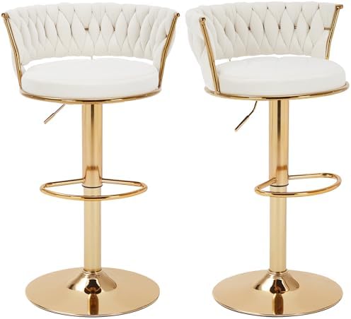 VECELO Bar Stools Set of 2, Adjustable Barstools Counter Height Stools with Back and Arm, Velvet Woven Kitchen Island Stools w/Gold Metal Leg & Base, 360° Swivel Bar Chair for Pubs Dining Room, White