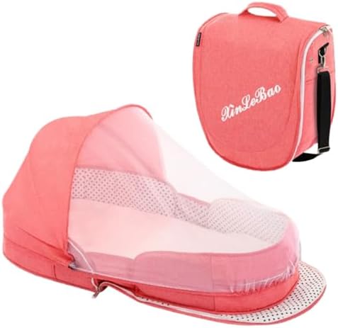 Folding Baby Travel Bassinet Portable Lightweight Travel Crib Baby Bed Co- Sleeper for Baby in Bed with Canopy and Mosquito Net (Pink, with Sunshade)