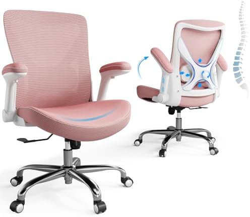 Ergonomic Office Chair-Computer PU Leather X-Shaped Desk Chair-Gaming Chair with Adjustable Flip-up Armrests Lumbar Support Mesh Executive Chair for Long Hours Office (Pink)