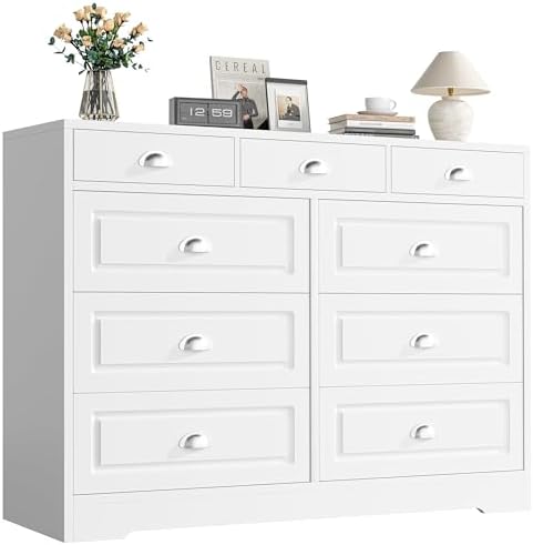 Shintenchi Dresser for Bedroom with 9 Drawers,Double Dresser & Chest of Drawers Wooden Organizer with Metal Handle, Storage TV Stand for Living Room,White