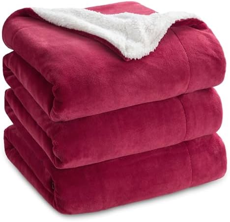 Bedsure Sherpa Fleece Blankets Queen Size for Bed - Thick and Warm, Soft Fuzzy Plush Queen Blanket for Winter, Red, 90x90 Inches