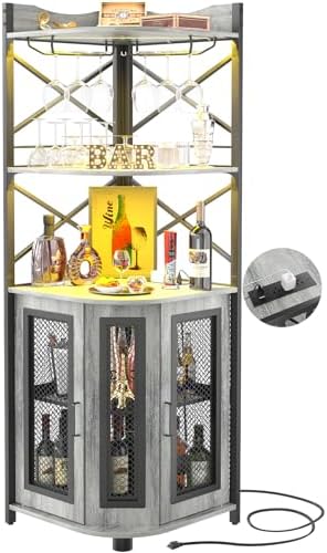 Aheaplus Corner Bar Cabinet with Power Outlet, Industrial Wine Cabinet with LED Strip and Glass Holder, 5-Tiers Liquor Cabinet Bar Unit for Home, Corner Display Cabinet for Small Space, White Oak
