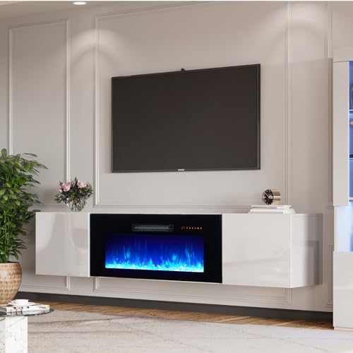 AMERLIFE Floating TV Stand with 36" Electric Fireplace, High Gloss Finish Wall Mounted Fireplace Entertainment Center with Storage for TVs Up to 78", White