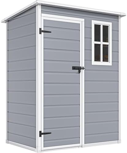 DWVO 5x3ft Resin Outdoor Storage Shed with Floor, Waterproof Lockable Storage Shed with Window, Plastic Outside Tool Storage for Garden, Backyard, Patio, Lawn, Gray