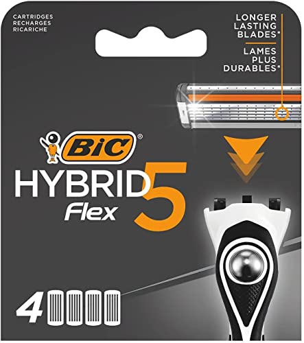 BIC Hybrid 5 Flex Men's Shaver Refills with 5 Moveable Nano-Tech Titanium Coated Razor Blades - Box of 4 Cartridges