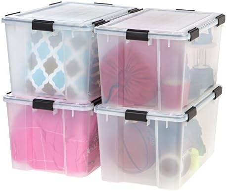 IRIS USA 4-Pack WeatherPro 74 Qt Clear Plastic Gasket Boxes with Latching Lids – Weathertight Heavy Duty Stackable Storage Containers for Clothes, Food, Tools or Camping Gear