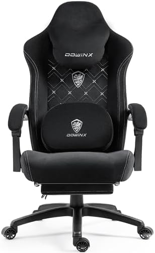 Dowinx Gaming Chair with Heated Massage Lumbar Support,Big and Tall Fabric Gaming Chairs for Adults with Footrest, Ergonomic Computer Game Chair with Poket Spring Cushions, 350lbs, Black and White