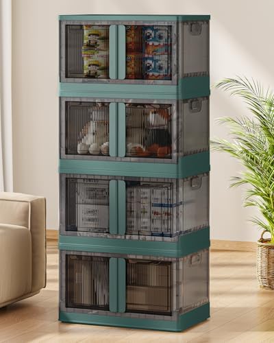 19Gal Collapsible Storage Bins with Lids & Wheels - 4 Pack Stackable with Doors, Heavy-Duty Plastic Containers for Home/Office, Green