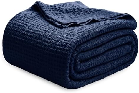 Bedsure 100% Cotton Blanket Queen Size for Bed - Breathable and Soft, Waffle Weave Blanket for Summer Spring, Pageant Blue, 90x90 Inches