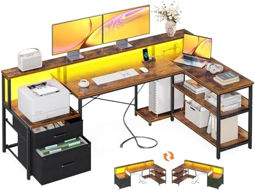 ODK L Shaped Desk with File Drawer, 66" Reversible L Shaped Computer Desk with Power Outlet & LED Strip, Office Desk with Storage Shelves, Gaming Desk with Monitor Shelf, Corner Desk, Vintage