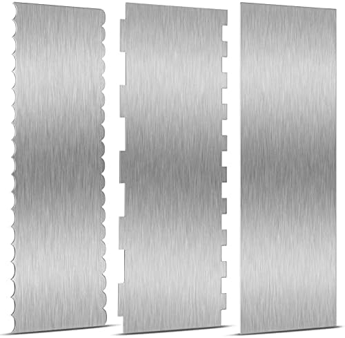 3 Pieces Stainless Steel Cake Scraper 10 Inch and 9 Inch Large Double Sided Patterned Edge Stripe Edge Smoother Scraper Cake Decorating Comb Pastry Cutter for Butter Mousse Cream Decoration