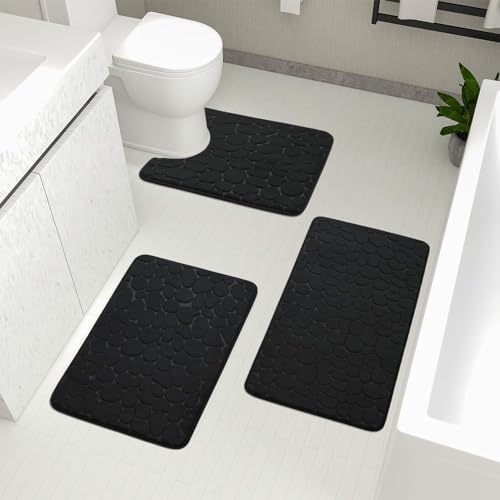 YIHOUSE Bathroom Rugs Sets 3 Piece, Cobblestone Memory Foam Bathroom Mats Set Extra Thick, Non Slip Bath Mats for Bathroom, Water Absorbent, Washable Black Bath Rugs for Tub, Toilet and Floor