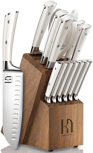 Knife Set, Premium 15 Piece Japanese High Carbon Stainless Steel Knives Set for Kitchen with Block and Sharpener, Razor Sharp Kitchen Knife Block Sets with Ergonomic Full-tang Handle, White
